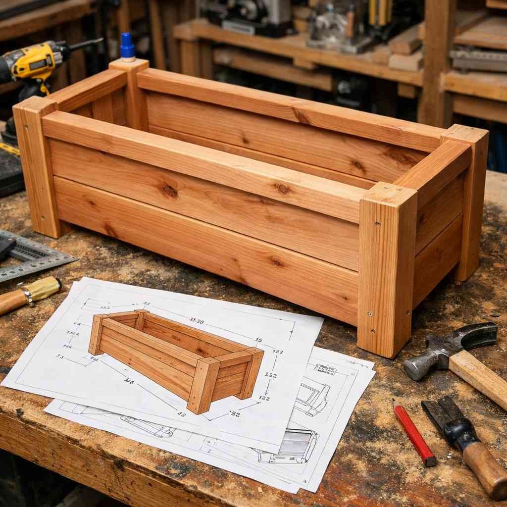 Work in progress photo of cedar planter box on workbench with printed plans